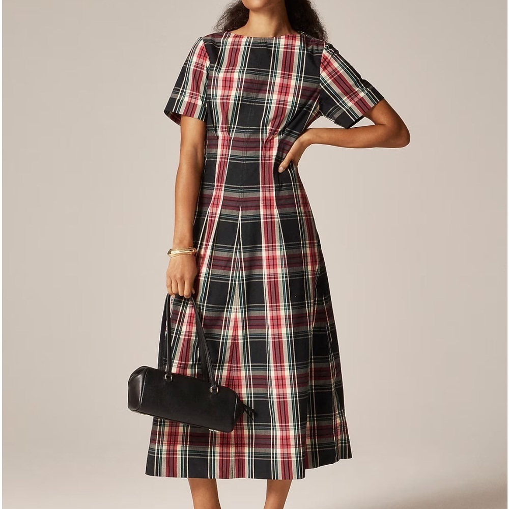J crew Short-sleeve midi dress in tartan cotton blend